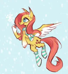 Size: 1280x1395 | Tagged: safe, artist:caninecrypt, derpibooru import, fluttershy, pegasus, pony, chest fluff, clothes, ear fluff, female, heart, heart eyes, image, mare, open mouth, open smile, png, simple background, smiling, snow, socks, solo, spread wings, striped socks, wingding eyes, wings