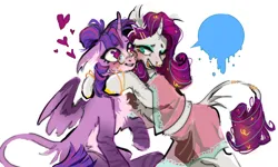 Size: 1280x767 | Tagged: safe, artist:caninecrypt, derpibooru import, rarity, twilight sparkle, twilight sparkle (alicorn), alicorn, hybrid, pony, zony, chest fluff, clothes, curved horn, ear fluff, female, glasses, heart, heart eyes, horn, hug, image, jewelry, leonine tail, lesbian, png, rarilight, shipping, simple background, smiling, tail, twitterina design, white background, wingding eyes