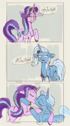 Size: 494x887 | Tagged: safe, artist:coypuppy, derpibooru import, starlight glimmer, trixie, pony, unicorn, 3 panel comic, colored hooves, comic, duo, duo female, female, image, kissing, lesbian, png, shipping, simple background, startrix, text