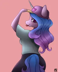 Size: 2000x2500 | Tagged: safe, artist:naen, derpibooru import, izzy moonbow, anthro, plantigrade anthro, pony, unicorn, clothes, female, g5, hat, image, izzy the rapper, leggings, looking at you, looking back, mare, png, shirt, signature, simple background, solo, t-shirt