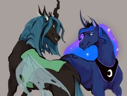 Size: 1280x960 | Tagged: safe, artist:caninecrypt, derpibooru import, princess luna, queen chrysalis, alicorn, changeling, pony, anatomically correct, curved horn, female, horn, image, jpeg, nudity, simple background, vulva