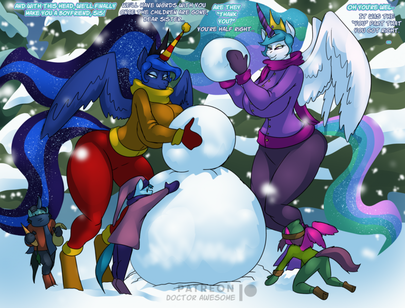 Size: 2199x1676 | Tagged: safe, artist:thebigbadwolf01, derpibooru import, princess celestia, princess luna, alicorn, anthro, earth pony, pegasus, pony, unguligrade anthro, unicorn, big breasts, breasts, busty princess celestia, busty princess luna, children, clothes, crown, dialogue, female, foal, horn, horn cap, horn sock, horn warmer, huge breasts, image, jacket, jewelry, male, mittens, png, regalia, scarf, snow, snowman, spread wings, tail, teasing, wings