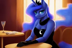 Size: 1920x1280 | Tagged: safe, derpibooru import, editor:dovakkins, machine learning generated, novelai, stable diffusion, princess luna, alicorn, anthro, beautiful, black dress, clothes, cutie mark, cutie mark on clothes, dress, ethereal mane, ethereal tail, gloves, horn, image, jewelry, latex, latex gloves, necklace, png, regalia, sitting, table, tail, wingless