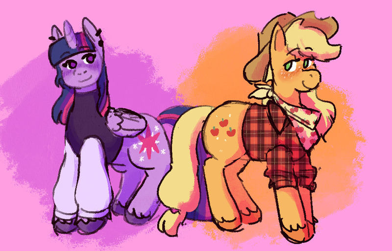 Size: 1005x645 | Tagged: safe, artist:sleepy screen, derpibooru import, applejack, twilight sparkle, twilight sparkle (alicorn), alicorn, earth pony, pony, blushing, clothes, ear piercing, female, image, jpeg, lesbian, piercing, shipping, simple background, smiling, twijack