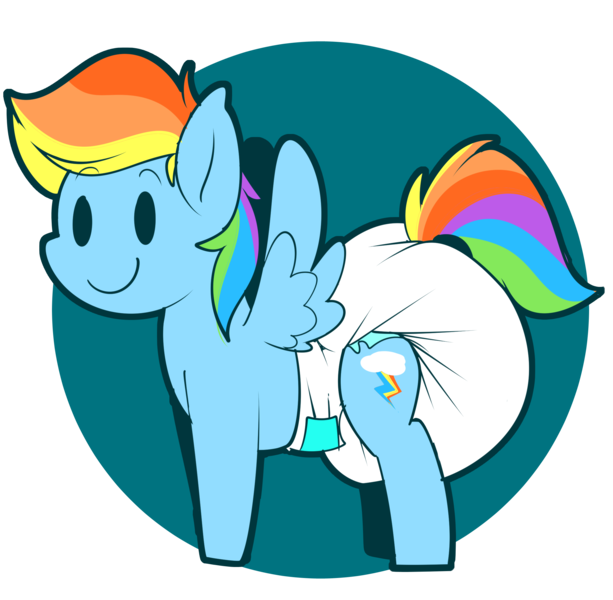 Size: 2229x2181 | Tagged: suggestive, artist:kurikia, rainbow dash, pegasus, pony, diaper, diaper fetish, dot eyes, female, fetish, image, mare, non-baby in diaper, png, poofy diaper, smiling, solo, solo female