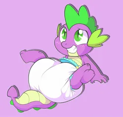 Size: 1280x1226 | Tagged: suggestive, artist:kurikia, spike, dragon, clean diaper, diaper, diaper fetish, fetish, image, jpeg, male, non-baby in diaper, poofy diaper, smiling, solo, solo male, spread legs, spreading