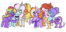 Size: 3300x1600 | Tagged: safe, artist:iceflower99, derpibooru import, oc, oc:buggy brush, oc:darky spell, oc:foggy bismuth, oc:june griffon, oc:sunrise goldhearts, oc:zweet beatz, unofficial characters only, demon, demon pony, gryphon, original species, pegasus, pony, unicorn, derpibooru community collaboration, 2023 community collab, chest fluff, choker, clothes, curved horn, daemonequus, eyes closed, floppy ears, griffon oc, group, heterochromia, horn, hug, image, jewelry, kissing, long horn, necklace, pegasus oc, playing with hair, png, ribbon, standing on two hooves, sweater, unicorn oc, wings