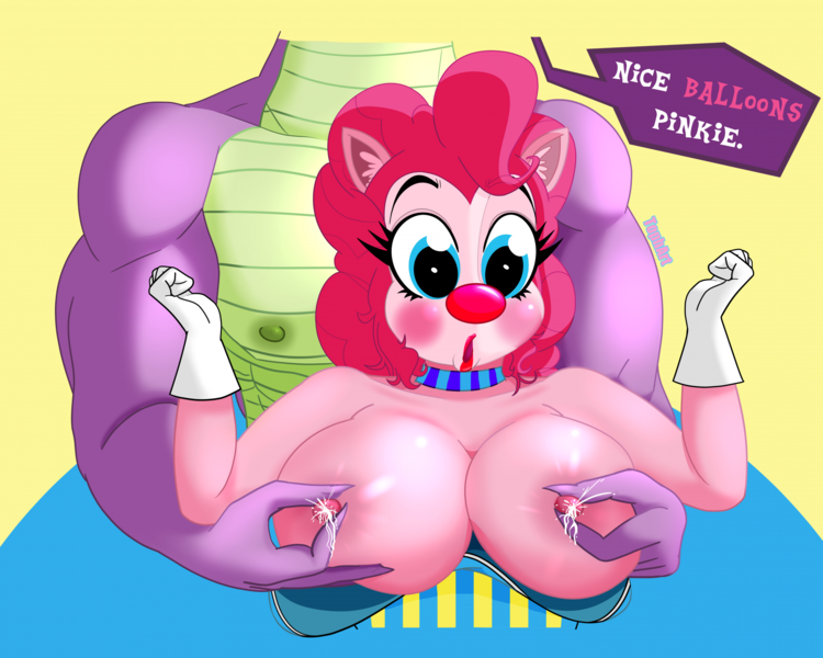 Size: 2146x1717 | Tagged: questionable, alternate version, artist:tophart, derpibooru import, pinkie pie, spike, anthro, dragon, earth pony, areola, big breasts, blue eyes, breasts, busty pinkie pie, choker, clothes, clown, clown makeup, clown nose, dialogue, eyelashes, female, gloves, image, lactation, leaking milk, male, male nipples, milk, muscles, muscular male, nipple pinch, nipples, nudity, open mouth, pecs, png, red nose, speech bubble, straight, wide eyes