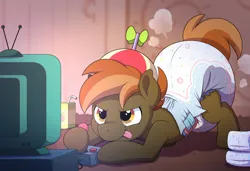 Size: 1280x878 | Tagged: suggestive, artist:kurikia, button mash, earth pony, pony, colt, controller, diaper, diaper fetish, fetish, focus, hat, image, joystick, jpeg, juice, juice box, male, non-baby in diaper, playing, poofy diaper, propeller hat, solo, television, tongue out