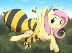 Size: 1280x942 | Tagged: suggestive, artist:kurikia, fluttershy, bee, insect, pegasus, pony, animal costume, bee costume, clothes, costume, diaper, diaper fetish, female, fetish, flying, forest, image, jpeg, mare, non-baby in diaper, poofy diaper, smiling, solo, tree