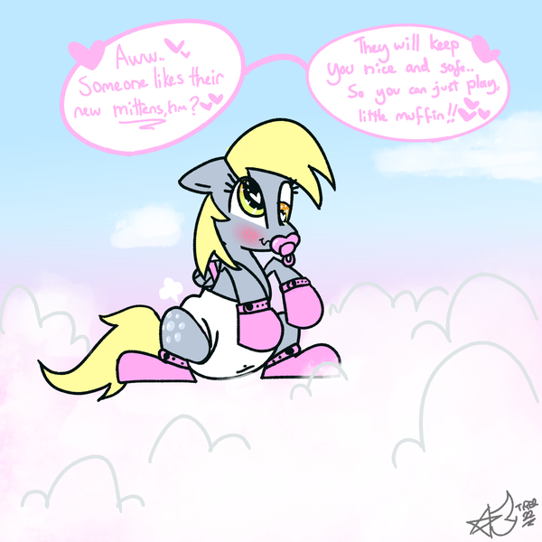 Size: 1920x1920 | Tagged: questionable, artist:duckchip, derpibooru import, derpy hooves, pegasus, pony, blushing, booties, bound wings, cloud, diaper, diaper fetish, fetish, heart, heart eyes, image, mittens, non-baby in diaper, offscreen character, on a cloud, pacifier, pink, png, solo, speech bubble, wingding eyes, wings
