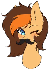 Size: 3429x4576 | Tagged: safe, artist:torihime, derpibooru import, oc, oc:aerion featherquill, unofficial characters only, pegasus, pony, blushing, bust, commission, facial hair, fake moustache, female, image, mare, moustache, one eye closed, png, simple background, solo, transparent background, wink, ych result