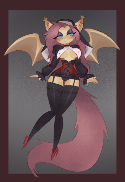 Size: 1592x2314 | Tagged: suggestive, artist:v33tox, derpibooru import, fluttershy, anthro, bat pony, bat ponified, bat wings, clothes, corset, costume, eyelashes, eyeshadow, floating, flutterbat, garter belt, high heels, image, lidded eyes, long tail, makeup, nun, nun outfit, panties, png, race swap, shoes, socks, solo, spread wings, stockings, tail, thigh highs, underwear, wings