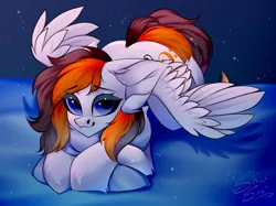 Size: 3000x2246 | Tagged: safe, artist:shinoshai, derpibooru import, oc, oc:rainy sky, unofficial characters only, pegasus, pony, bed, commission, female, hug, image, looking at you, lying down, mare, pillow, pillow hug, png, solo, spread wings, wings, ych result