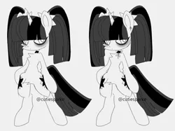 Size: 834x624 | Tagged: safe, artist:cutiesparke, derpibooru import, twilight sparkle, semi-anthro, unicorn, alternate hairstyle, bipedal, black and white, chest fluff, choker, eyeshadow, female, grayscale, hoof on hip, image, looking sideways, makeup, monochrome, pigtails, png, solo, twintails, unicorn twilight