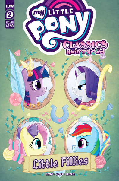 Size: 2063x3131 | Tagged: safe, derpibooru import, idw, fluttershy, rainbow dash, rarity, twilight sparkle, butterfly, insect, comic cover, feather, flower, horseshoes, image, little fillies, little women, looking at each other, looking at someone, measuring tape, my little pony classics reimagined: little fillies, official comic, png, ribbon
