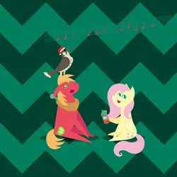 Size: 2160x2160 | Tagged: safe, anonymous artist, derpibooru import, big macintosh, fluttershy, bird, earth pony, hawk, pegasus, pony, series:fm holidays, series:hearth's warming advent calendar 2022, abstract background, advent calendar, bottle, christmas, context is for the weak, drink, female, fluttermac, hat, high res, holiday, hoof hold, image, lineless, looking up, male, mare, music notes, open mouth, open smile, png, pointy ponies, santa hat, shipping, singing, sitting, smiling, soda, stallion, straight