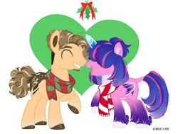 Size: 4264x3225 | Tagged: safe, artist:ghou1ss, derpibooru import, oc, oc:estella sparkle, oc:rocky road, unofficial characters only, alicorn, earth pony, pony, alicorn oc, beard, christmas, clothes, commission, duo, facial hair, female, grin, heart, holiday, holly, holly mistaken for mistletoe, horn, image, leonine tail, male, mare, markings, mistletoe, multicolored hair, oc x oc, offspring, open mouth, parent:cheese sandwich, parent:flash sentry, parent:pinkie pie, parent:twilight sparkle, parents:cheesepie, parents:flashlight, png, raised hoof, scarf, shipping, simple background, smiling, stallion, straight, tail, unshorn fetlocks, white background, wings, ych result