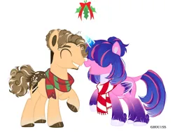 Size: 4264x3225 | Tagged: safe, alternate version, artist:ghou1ss, derpibooru import, oc, oc:estella sparkle, oc:rocky road, unofficial characters only, alicorn, earth pony, pony, alicorn oc, beard, christmas, clothes, commission, duo, facial hair, female, grin, holiday, holly, holly mistaken for mistletoe, horn, image, leonine tail, male, mare, markings, mistletoe, multicolored hair, oc x oc, offspring, open mouth, parent:cheese sandwich, parent:flash sentry, parent:pinkie pie, parent:twilight sparkle, parents:cheesepie, parents:flashlight, png, raised hoof, scarf, shipping, simple background, smiling, stallion, straight, tail, unshorn fetlocks, white background, wings, ych result