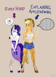 Size: 2940x4038 | Tagged: safe, artist:fluffyorbiter, derpibooru import, applejack, rarity, anthro, earth pony, unicorn, abs, apple, applejack's hat, bedroom eyes, belly, belly button, belt, blushing, breasts, buckle, cleavage, clothes, cowboy hat, dress, female, food, hat, hooves, horn, horny, image, lesbian, meme, muscles, pale belly, png, rarijack, shiny hoof, shipping, shirt, shorts, speech bubble, tail, that pony sure does love apples, undershirt, underwear