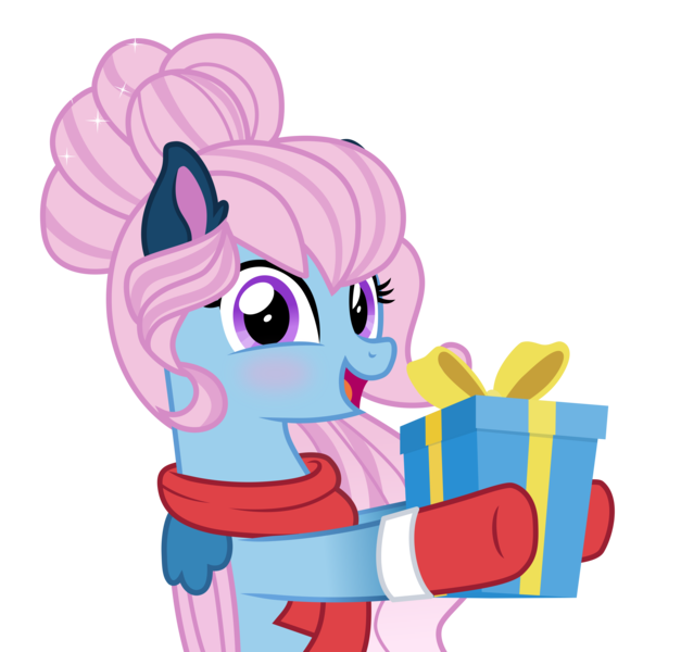 Size: 6000x5745 | Tagged: safe, artist:n0kkun, derpibooru import, oc, oc:angel lights, unofficial characters only, angel pony, original species, pegasus, pony, absurd resolution, angel, blushing, christmas, clothes, commission, cute, female, gloves, holiday, image, mare, markings, open mouth, png, present, scarf, simple background, solo, transparent background, ych result