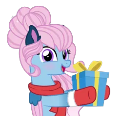 Size: 6000x5745 | Tagged: safe, artist:n0kkun, derpibooru import, oc, oc:angel lights, unofficial characters only, angel pony, original species, pegasus, pony, absurd resolution, angel, blushing, christmas, clothes, commission, cute, female, gloves, holiday, image, mare, markings, open mouth, png, present, scarf, simple background, solo, transparent background, ych result