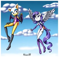 Size: 906x882 | Tagged: safe, artist:nina-xii, derpibooru import, rarity, alicorn, anthro, bat, clothes, cloud, duo, duo female, female, flying, image, jetpack, jpeg, leotard, mobian, rouge the bat, sky, sky background, sonic the hedgehog (series), sonicified