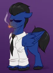 Size: 2280x3136 | Tagged: safe, artist:witchtaunter, derpibooru import, oc, pegasus, pony, angry, cigarette, clothes, ear fluff, floppy ears, image, necktie, pegasus oc, png, sad, simple background, solo, stoic, unshorn fetlocks, wings