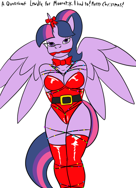 Size: 741x1025 | Tagged: suggestive, artist:quakehoof, derpibooru import, twilight sparkle, twilight sparkle (alicorn), alicorn, anthro, arm behind back, bondage, breasts, busty twilight sparkle, christmas, christmas lights, cleave gag, clothes, crotch rope, evening gloves, female, gag, gloves, hands behind back, holiday, image, latex, latex gloves, latex leotard, latex stockings, latex suit, leotard, long gloves, looking at you, png, ribbon, simple background, solo, solo female, stockings, thigh highs, tied up, white background