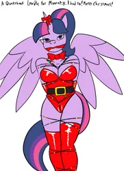 Size: 741x1025 | Tagged: suggestive, artist:quakehoof, derpibooru import, twilight sparkle, twilight sparkle (alicorn), alicorn, anthro, arm behind back, bondage, breasts, busty twilight sparkle, christmas, christmas lights, cleave gag, clothes, crotch rope, evening gloves, female, gag, gloves, hands behind back, holiday, image, latex, latex gloves, latex leotard, latex stockings, latex suit, leotard, long gloves, looking at you, png, ribbon, simple background, solo, solo female, stockings, thigh highs, tied up, white background