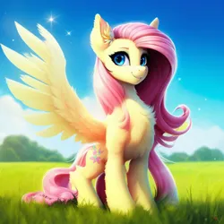 Size: 1024x1024 | Tagged: safe, derpibooru import, machine learning generated, purplesmart.ai, stable diffusion, fluttershy, pegasus, pony, chest fluff, cute, ear fluff, female, grass, grass field, image, png, shyabetes, solo, spread wings, wings