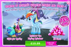 Size: 1962x1296 | Tagged: safe, derpibooru import, idw, official, rainbow dash, deer, reindeer, advertisement, antlers, bush, cloven hooves, costs real money, doe, english, female, folded wings, gameloft, gem, guitar, idw showified, image, jpeg, mobile game, musical instrument, my little pony: magic princess, numbers, reindeer dash, sale, solo, solo focus, text, umbrella, wings