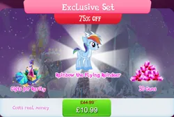 Size: 1267x857 | Tagged: safe, derpibooru import, idw, official, rainbow dash, deer, reindeer, antlers, bundle, bush, cloven hooves, costs real money, doe, english, female, folded wings, gameloft, gem, guitar, idw showified, image, jpeg, mobile game, musical instrument, my little pony: magic princess, numbers, reindeer dash, sale, solo, solo focus, text, umbrella, wings