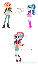 Size: 790x1344 | Tagged: safe, artist:prettycelestia, derpibooru import, sonata dusk, sunset shimmer, boots, clothes, fusion, gem, high heel boots, image, jacket, jewelry, multiple arms, png, ponytail, purple eyes, ring, shoes, siren gem