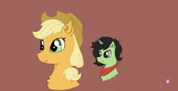 Size: 1617x828 | Tagged: safe, artist:nismorose, derpibooru import, applejack, oc, oc:green, earth pony, pony, unicorn, derpibooru, fanfic, fanfic:trust once lost, chest fluff, clothes, cowboy hat, disembodied head, ear fluff, fanfic art, fanfic in the description, female, filly, foal, g4, hat, horn, image, jpeg, link in description, mare, meta, mother and daughter-in-law, red background, red scarf, scarf, simple background, smiling, tags, youtube link