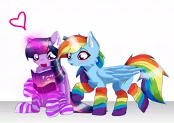 Size: 1008x709 | Tagged: safe, artist:calaxsy, derpibooru import, rainbow dash, twilight sparkle, twilight sparkle (alicorn), alicorn, pegasus, pony, blushing, clothes, duo, female, heart, image, jpeg, lesbian, shipping, socks, twidash