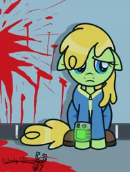 Size: 768x1024 | Tagged: semi-grimdark, alternate version, artist:windy breeze, derpibooru import, oc, oc:iffy quizzy, unofficial characters only, earth pony, pony, fallout equestria, blood, blood splatter, blue eyes, clothes, female, floppy ears, green coat, image, jpeg, jumpsuit, looking away, mare, pipbuck, sad, signature, solo, stable, tail, vault suit, wall, yellow mane, yellow tail