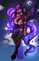 Size: 435x667 | Tagged: suggestive, artist:dieingartist, derpibooru import, princess luna, alicorn, anthro, unguligrade anthro, big breasts, breasts, busty princess luna, choker, cloud, crescent moon, ethereal mane, eyeshadow, female, galaxy mane, image, lidded eyes, makeup, moon, night, night sky, on a cloud, png, sitting, sitting on cloud, sky, slave leia outfit, solo, solo female, spread wings, wings