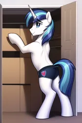Size: 512x768 | Tagged: safe, derpibooru import, machine learning generated, novelai, stable diffusion, shining armor, pony, unicorn, bipedal, blue underwear, boxes, briefs, butt, cardboard box, closet, clothes, image, male, png, shieldbutt, solo, stallion, underwear