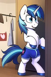 Size: 512x768 | Tagged: suggestive, derpibooru import, machine learning generated, novelai, stable diffusion, shining armor, pony, semi-anthro, unicorn, bipedal, blue underwear, boxers, closet, clothes, crotch bulge, cutie mark, cutie mark on clothes, cutie mark underwear, image, male, png, solo, solo male, stallion, underwear