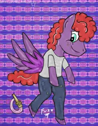 Size: 680x871 | Tagged: safe, artist:ray-pemmburge, derpibooru import, oc, oc:fuzz, unofficial characters only, pegasus, semi-anthro, arm hooves, clothes, firefighter, freckles, image, jpeg, looking down, pants, shirt, smiling, spread wings, wings