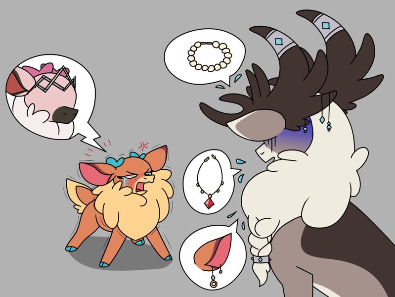 Size: 1242x933 | Tagged: safe, artist:0xyr0, derpibooru import, velvet reindeer, deer, reindeer, them's fightin' herds, brat, community related, crying, father and child, father and daughter, fawn, female, gray background, image, jewelry, jpeg, male, necklace, nervous, no dialogue, open mouth, pictogram, shaking, simple background, snot, speech bubble, spoiled, spoiled brat, stronghoof hoofstrong, tiara, vixen (tfh), whining, younger