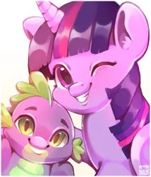 Size: 1063x1250 | Tagged: safe, artist:myoniis, derpibooru import, spike, twilight sparkle, dragon, pony, unicorn, baby, baby spike, cute, female, filly, filly twilight sparkle, image, male, no more ponies at source, one eye closed, png, simple background, smiling, spikabetes, twiabetes, unicorn twilight, younger