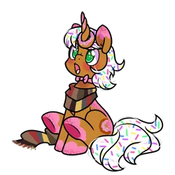 Size: 1300x1300 | Tagged: safe, artist:paperbagpony, derpibooru import, oc, oc:donut daydream, pony, derpibooru community collaboration, 2023 community collab, clothes, donut, food, image, jewelry, necklace, png, rule 63, scarf, simple background, solo, sprinkles, surprised, transparent background