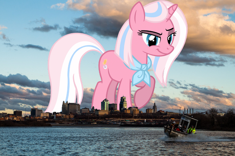 Size: 1600x1067 | Tagged: safe, artist:jaredking779, artist:raindashesp, derpibooru import, clear sky, pony, unicorn, eyebrows, female, giant pony, giant unicorn, giantess, highrise ponies, image, irl, jpeg, kansas city, macro, mare, mega giant, missouri, neckerchief, photo, ponies in real life, raised eyebrow, raised hoof