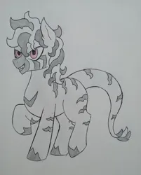 Size: 3072x3815 | Tagged: safe, artist:public mistake, derpibooru import, oc, oc:candela, unofficial characters only, hybrid, pony, female, grayscale, grin, image, jpeg, mare, monochrome, partial color, sharp teeth, smiling, solo, stripes, teeth, traditional art