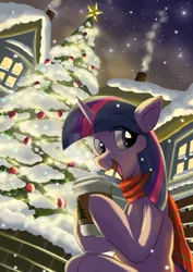 Size: 2480x3508 | Tagged: safe, artist:neoshrek, derpibooru import, twilight sparkle, pony, unicorn, christmas, christmas tree, clothes, coffee cup, cup, female, holiday, hoof hold, image, jpeg, low angle, mare, open mouth, open smile, scarf, smiling, snow, snowfall, solo, tree