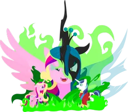 Size: 1920x1685 | Tagged: safe, artist:alexdti, derpibooru import, princess cadance, queen chrysalis, shining armor, alicorn, changeling, changeling queen, pony, unicorn, a canterlot wedding, fake cadance, female, fire, green fire, image, png, simple background