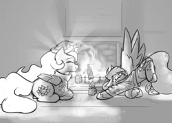 Size: 1280x914 | Tagged: safe, artist:captainhoers, derpibooru import, princess celestia, princess luna, alicorn, pony, biting, chocolate, christmas, christmas sweater, clothes, duo, eyes closed, female, fire, fireplace, food, grayscale, hat, holiday, hot chocolate, image, itchy, jpeg, lying down, monochrome, mug, prone, royal sisters, santa hat, siblings, sisters, sweater, whipped cream