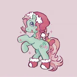 Size: 2700x2700 | Tagged: safe, artist:kindofmax, derpibooru import, minty, earth pony, pony, a very minty christmas, abstract background, bow, christmas, female, g3, hat, holiday, image, jpeg, open mouth, open smile, rearing, santa hat, simple background, smiling, solo, sparkles, tail, tail bow
